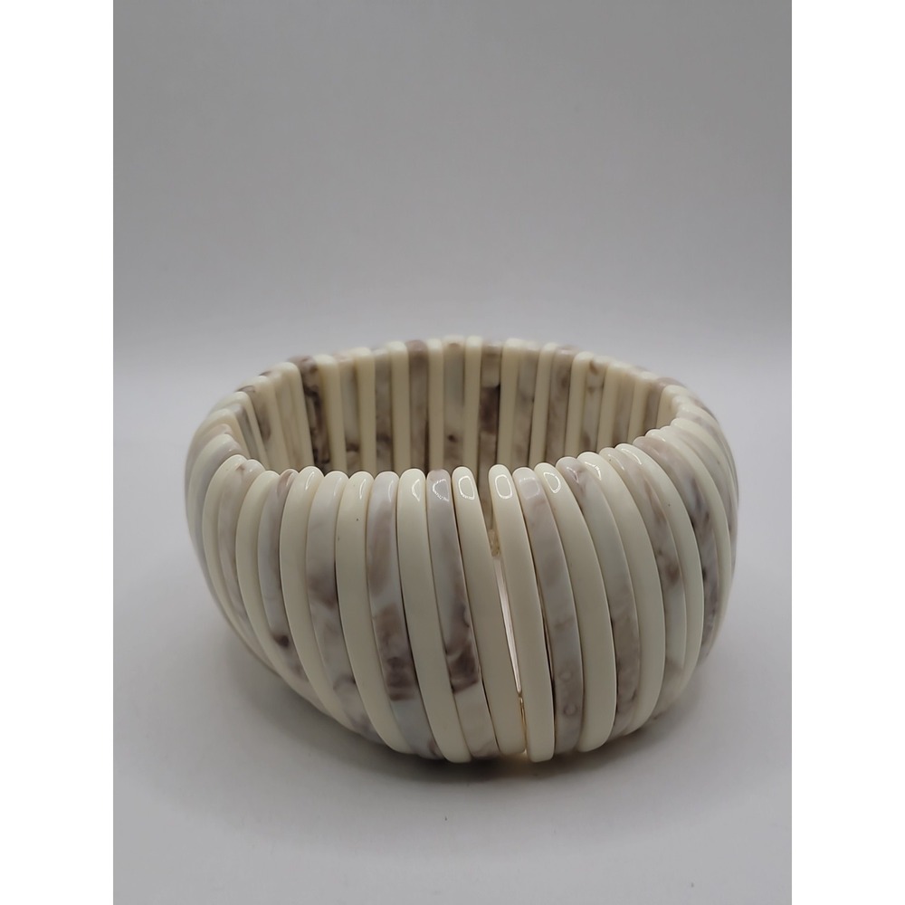 Cream Ivory Brown Marbled Wide Stretch Expansion Cuff Bracelet Chunky Statement